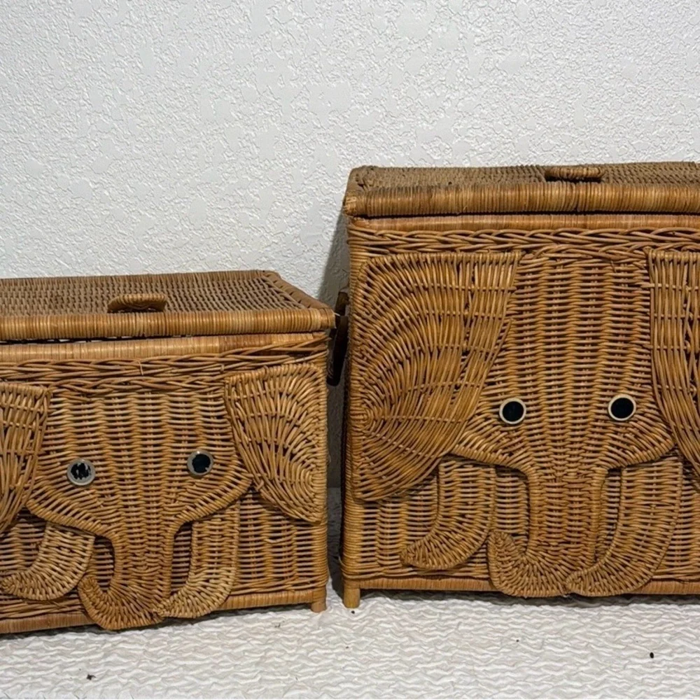 Two Adorable Vintage Elephant Design Wicker Storage Trunks/Baskets - Brown